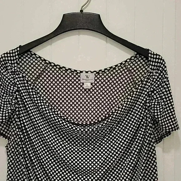 Worthington Stretch Black White Polkadot Short Sleeve Blouse Size XL - Picture 3 of 6